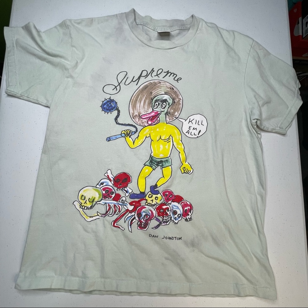 Supreme Dan Johnson Kill Em All Mens Medium Size Gray Graphic Tee Shirt